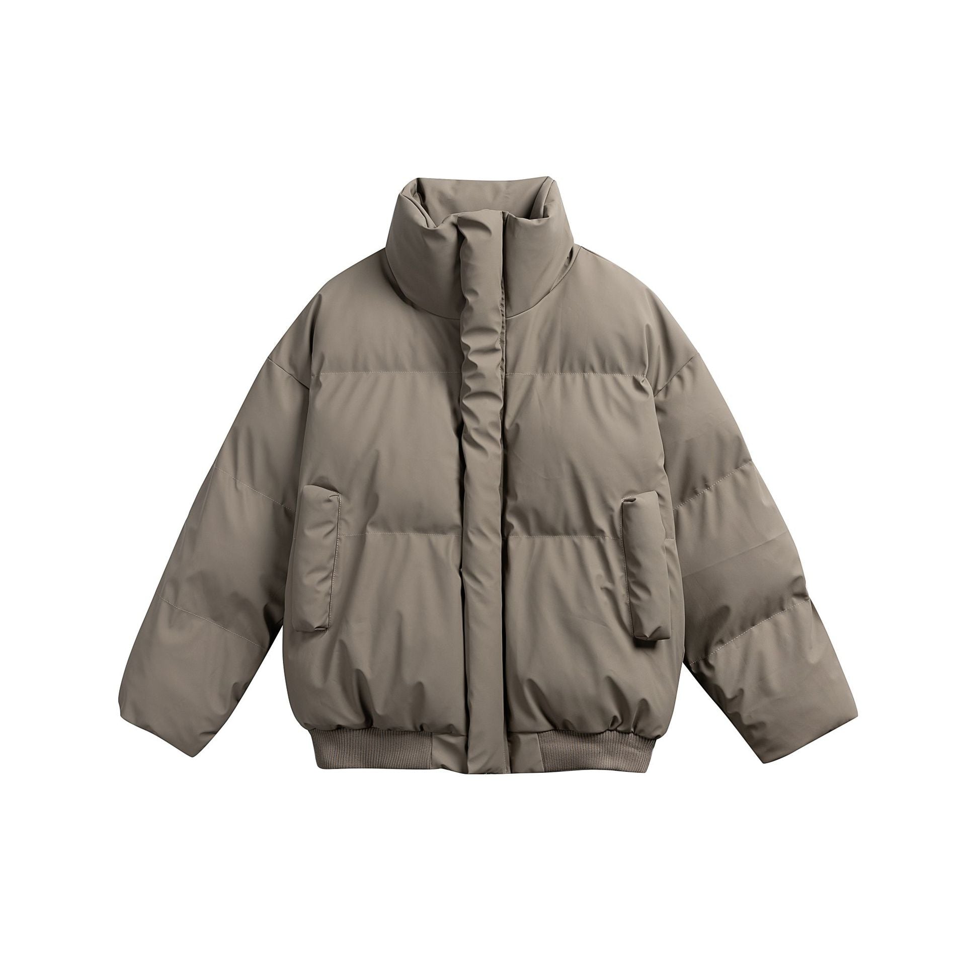 Women short-cut padded quilted bomber jacket with high stand-up collar and patch pockets Chichicherry