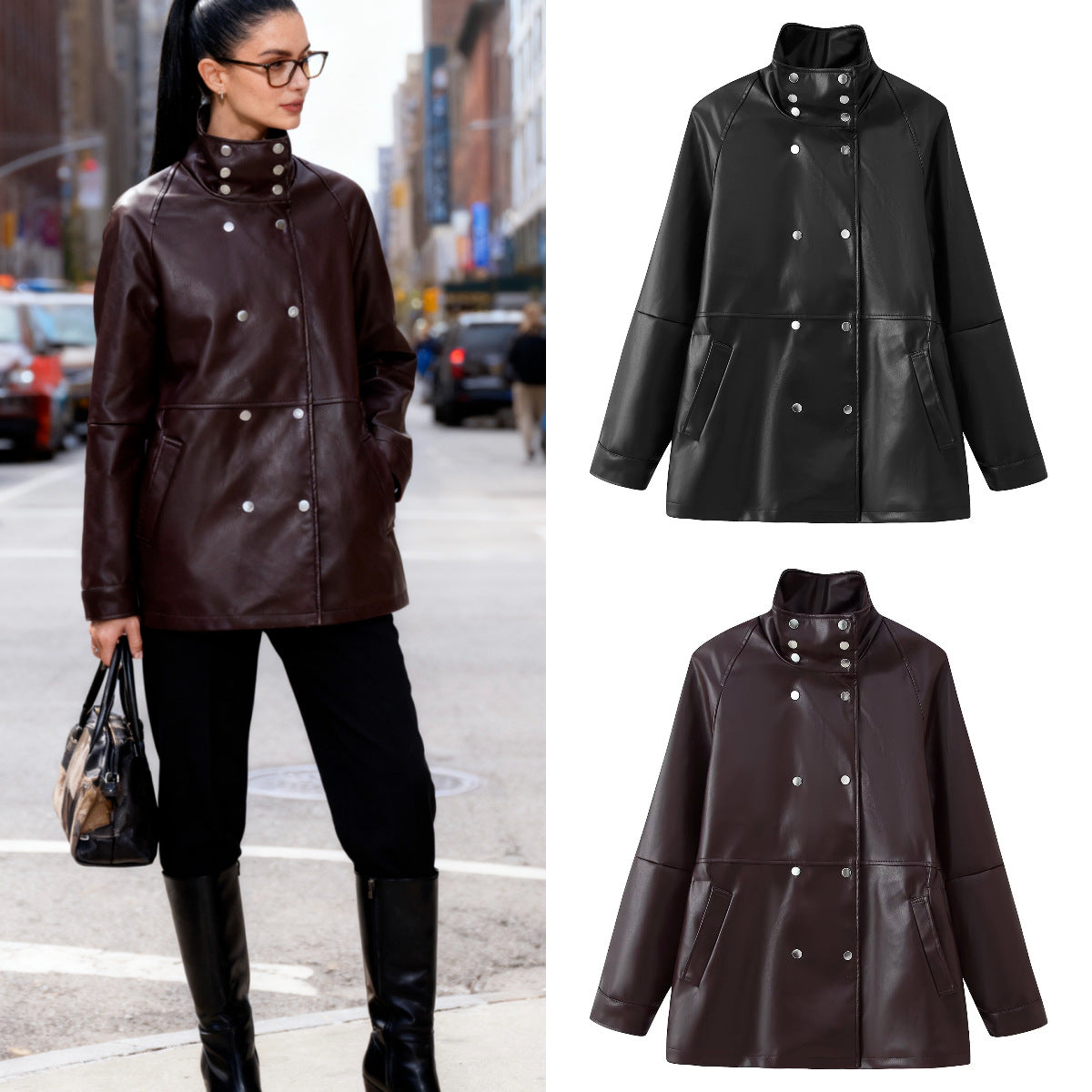Women's Mid-Length Faux Leather Coat with High Stand-Up Collar and Double-Breasted Snap Buttons Chichicherry