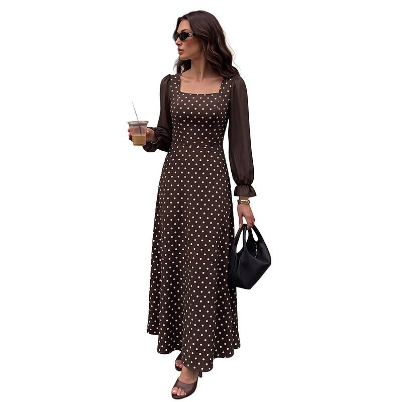Women's retro-inspired polka dot maxi dress with square neckline and sheer pleated sleeves Chichicherry