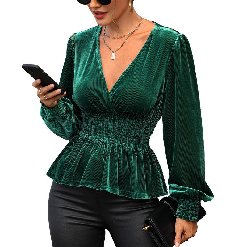 Women's velvet blouse with V-neck, gathered smock waist and peplum hem