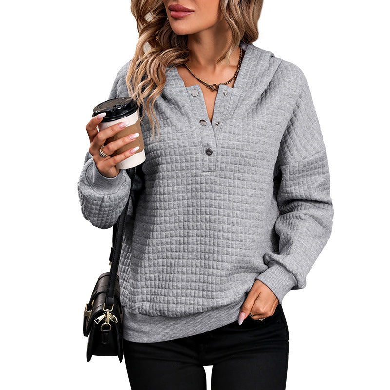 Women's Quilted Waffle Knit Henley Hoodie with Snap Placket Chichicherry