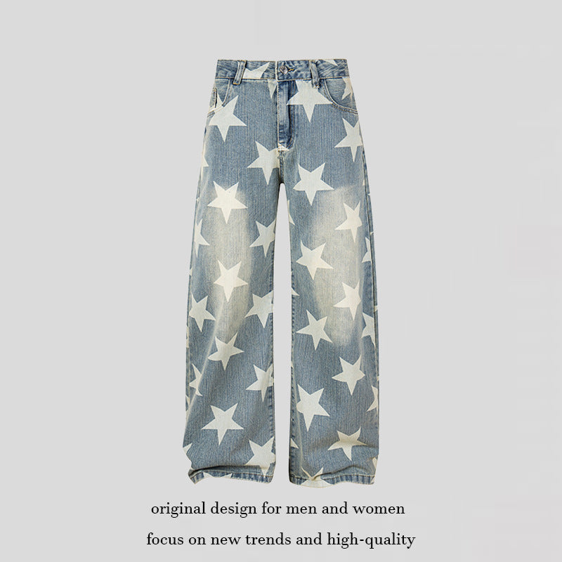 Women's Wide High-Waist Culotte Jeans with High Waist and Allover Star Print Chichicherry