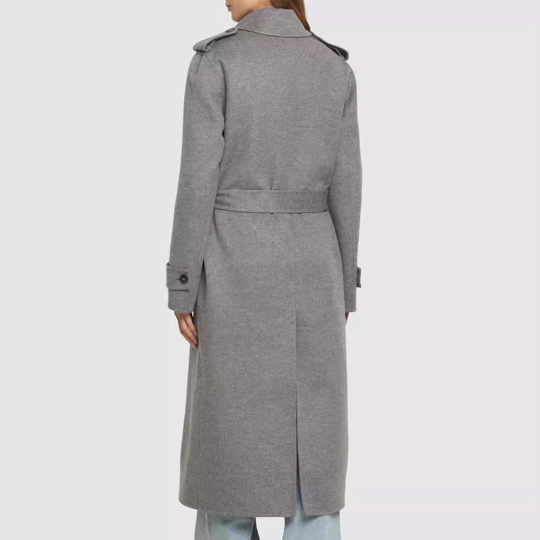 Women Mid-length Tailored Double-breasted Trench Coat made of Wool Blend with Flared Hem Chichicherry