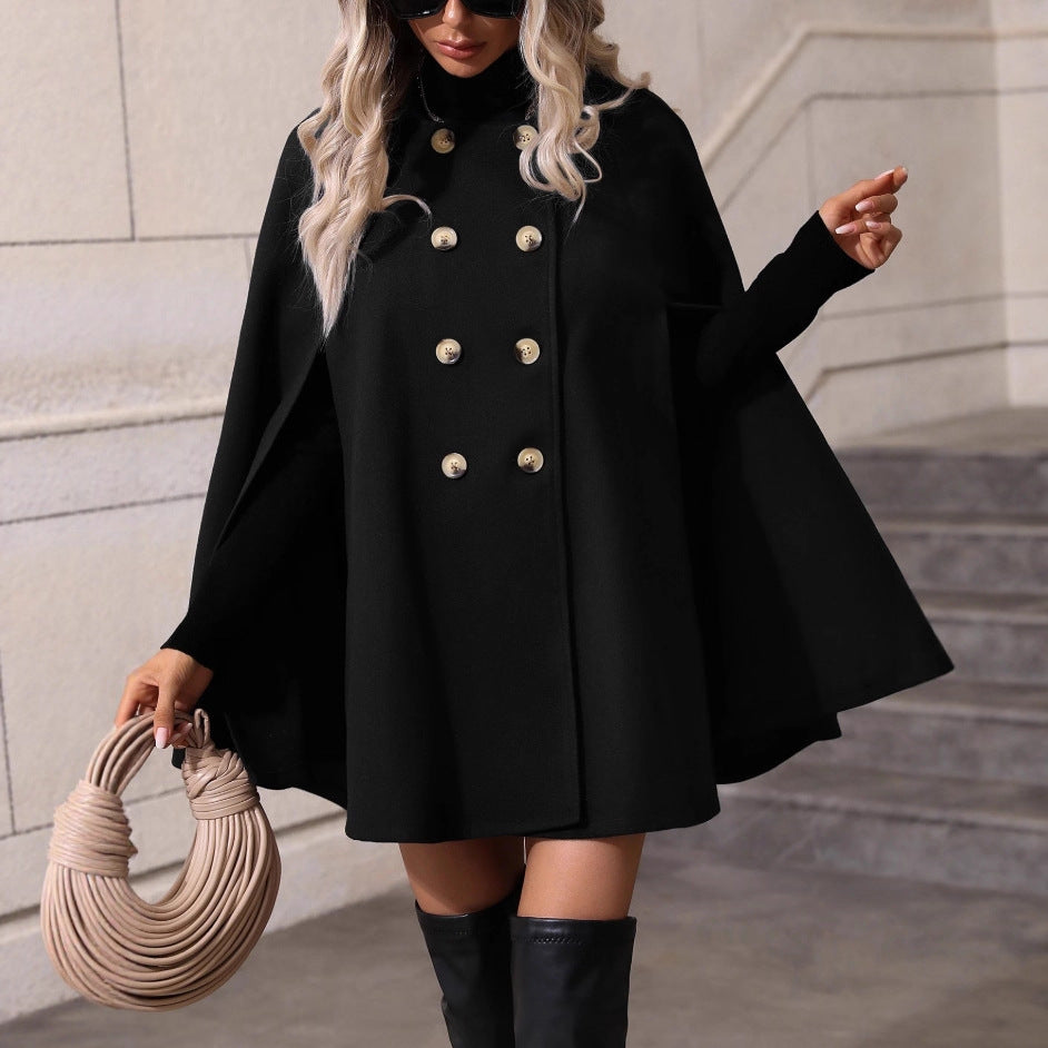 Women's Double-breasted Wool Cape Coat with Arm Openings and Stand-up Collar Chichicherry