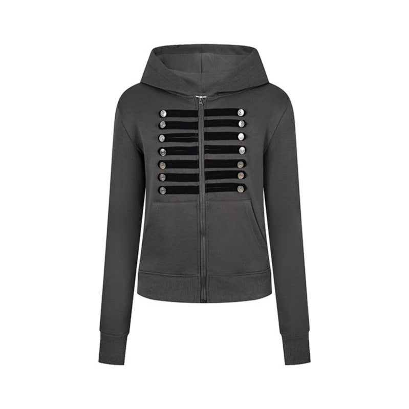 Women's hooded sweatshirt jacket with decorative military braid trim and decorative buttons Chichicherry