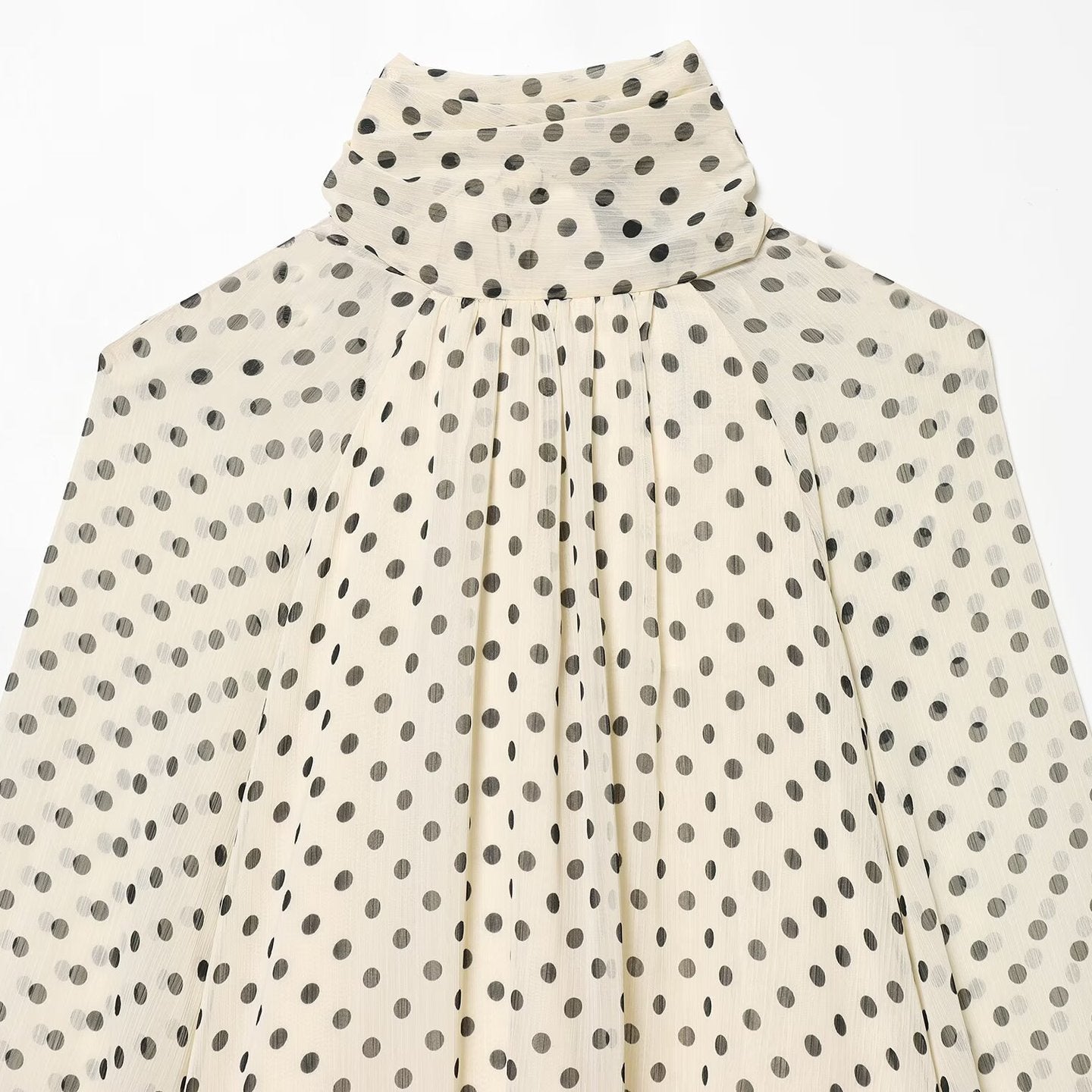 Ladies Airy Chiffon Blouse with Polka Dots, Draped Funnel Neck and Balloon Sleeves Chichicherry