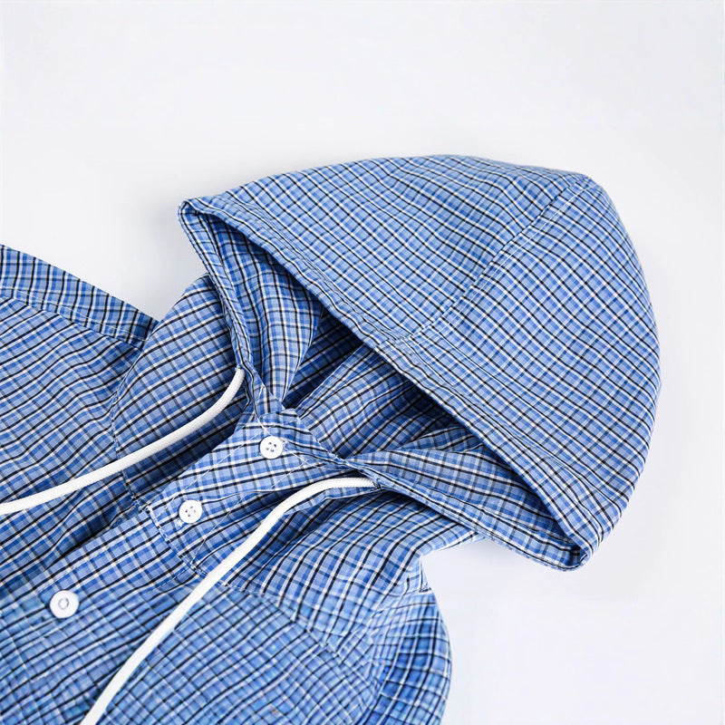 Unisex hooded overshirt in checked longline cut with flap pockets and snap button placket Chichicherry