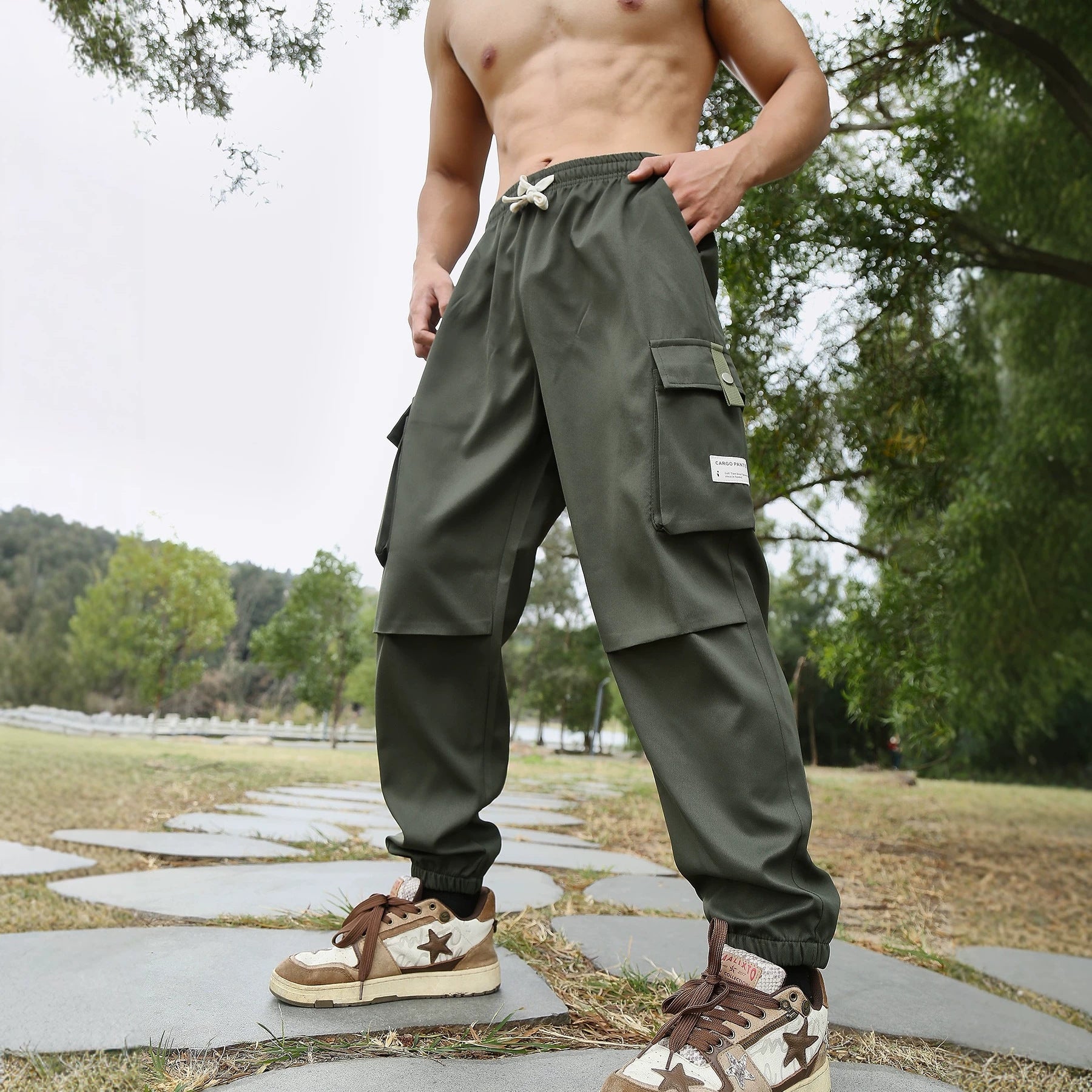 Men's Multifunctional Cargo Jogger Pants with Elastic Tunnel Drawstring Waist, Zippered Side Pockets, and Reinforced Knee Inserts Chichicherry