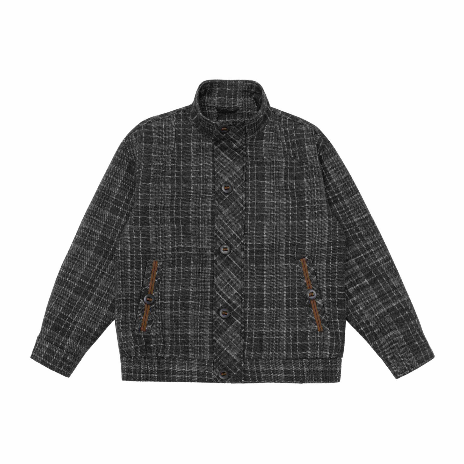 Men's Short Cut Wool Blend Puffer Jacket with Check Pattern and Stand Collar Chichicherry