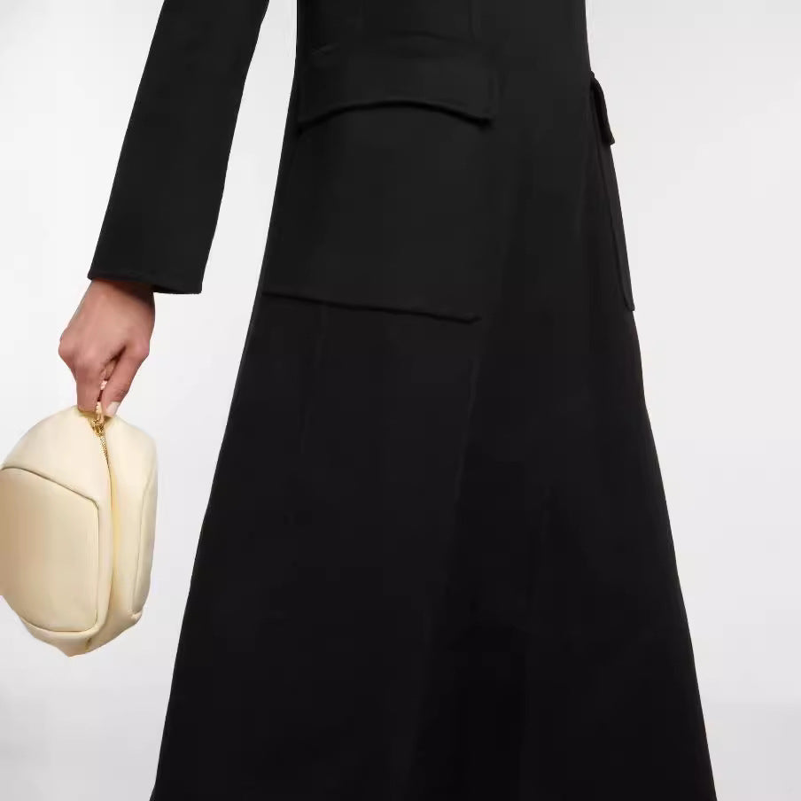 Women's Maxi Long Single-Breasted Blazer Coat with Clean Fall and Flap Pockets Chichicherry