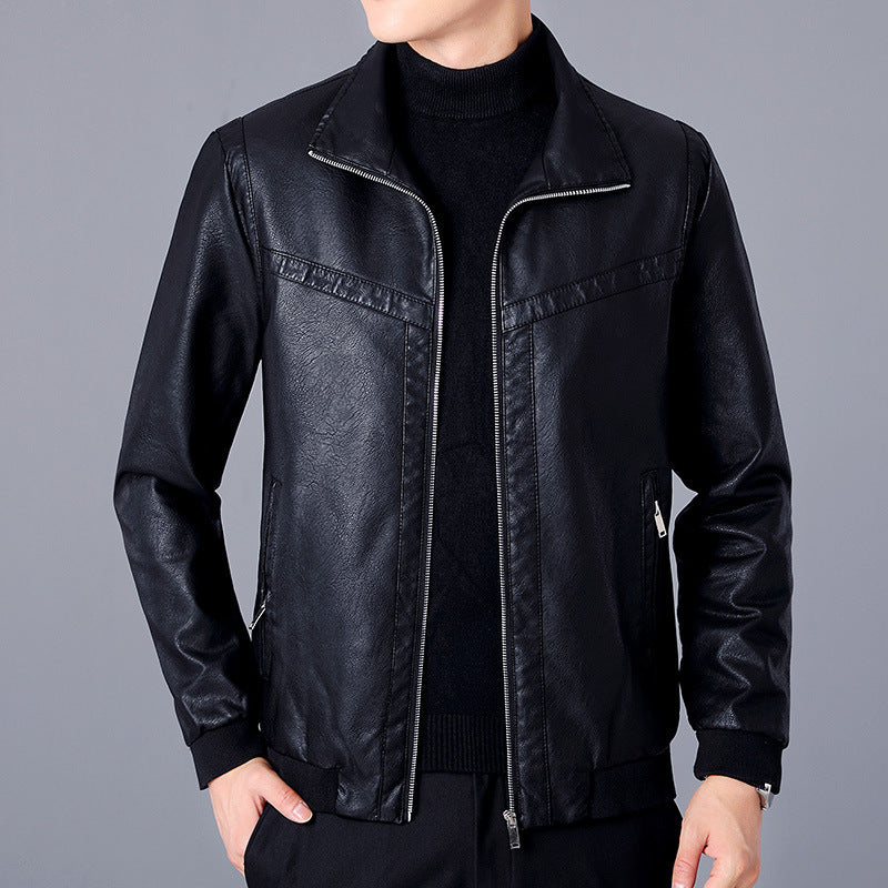 Men's Faux Leather Bomber Jacket in Aviator Look with Stand-Up Collar and Zipper Chichicherry