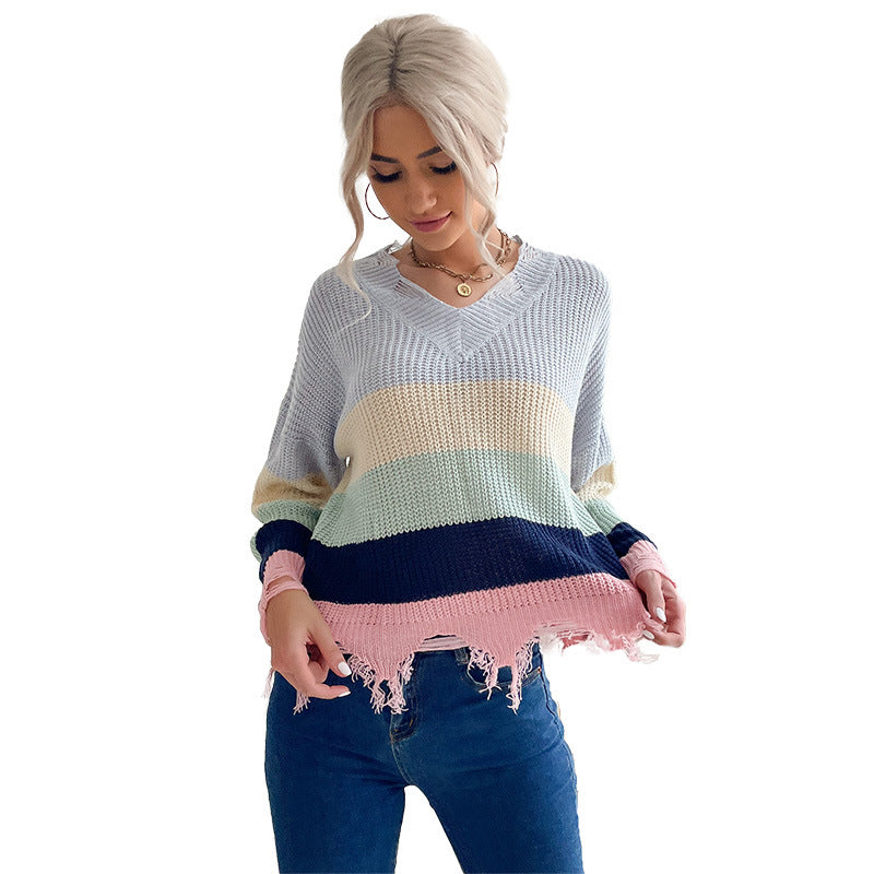 Women's Oversize V-Neck Knitted Sweater with Striped Design and Frayed Hem Chichicherry