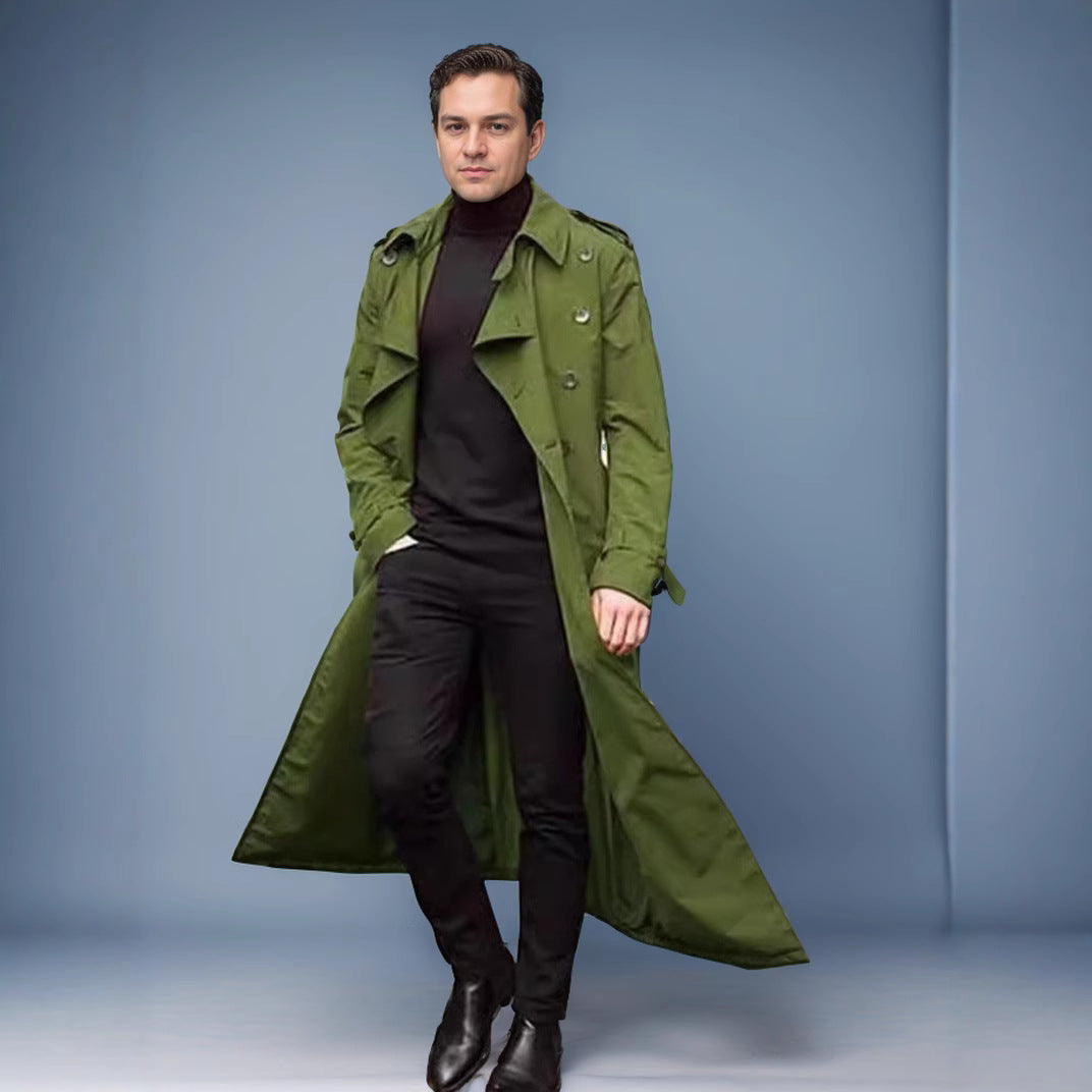 Herren Wasserabweisender Long-Trenchcoat mit doppelter Knopfleiste, Schulterklappen und verstellbarem Taillengürtel Chichicherry