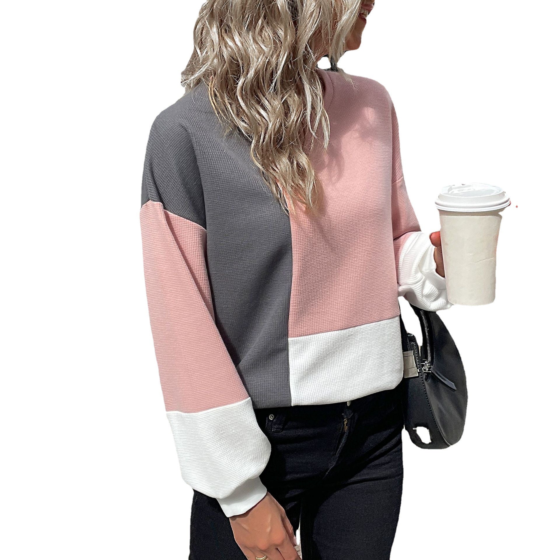 Women's Colorblock Waffle Knit Sweatshirt with Round Neck and Casual Fit Chichicherry