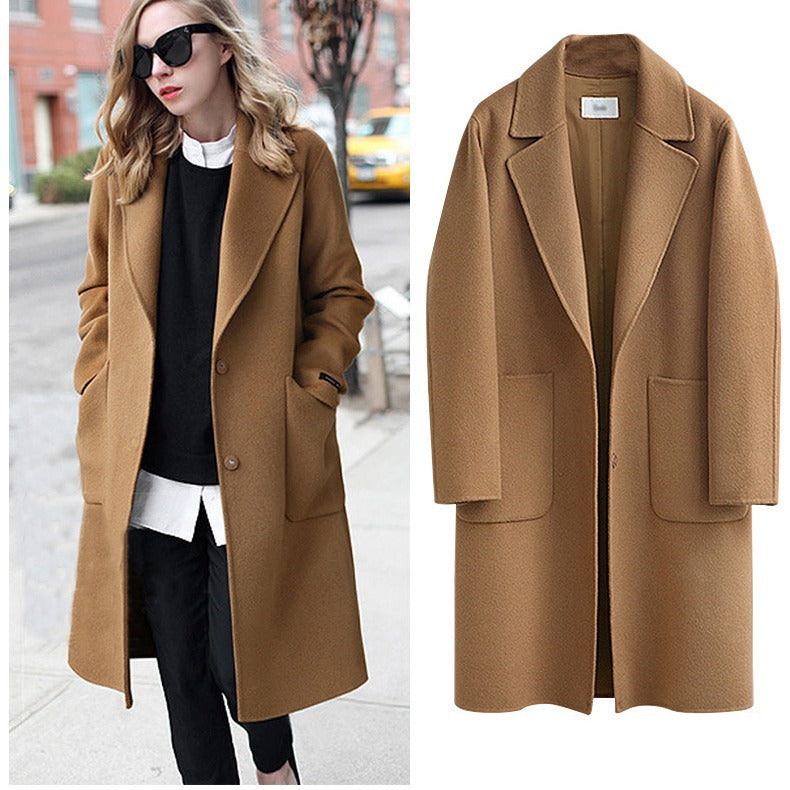Women's Oversized Wool Blend Coat with Lapel Collar and Patch Pockets Chichicherry