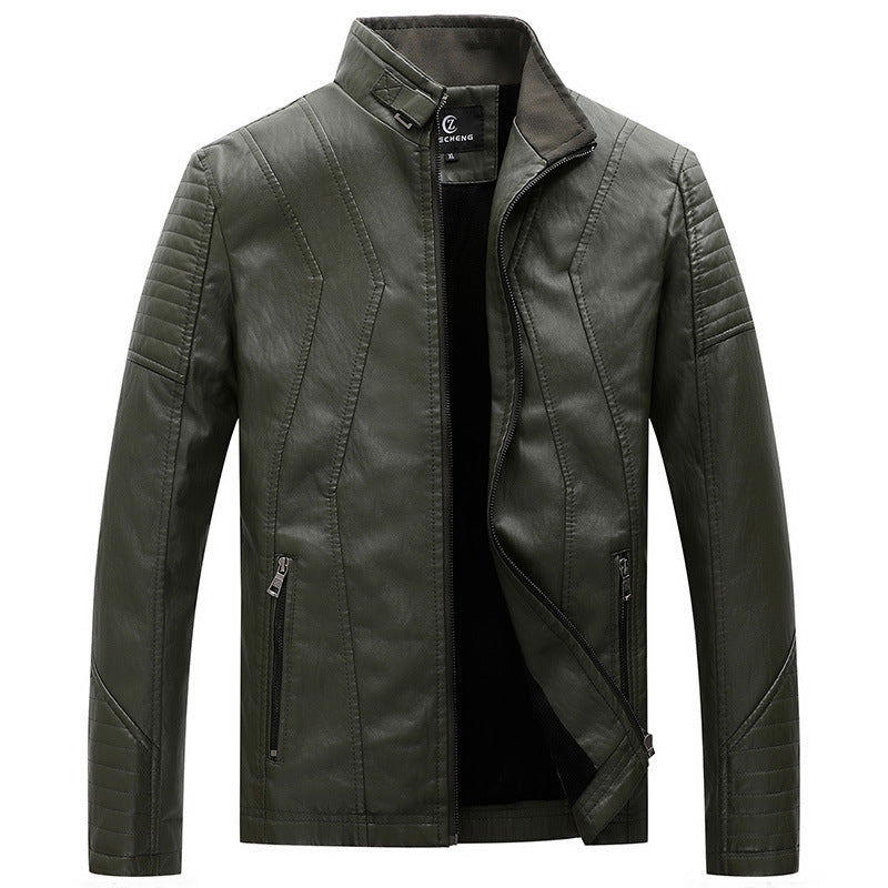 Men's Faux Leather Moto Jacket with Geometric Quilted Seams and Stand-Up Collar Chichicherry
