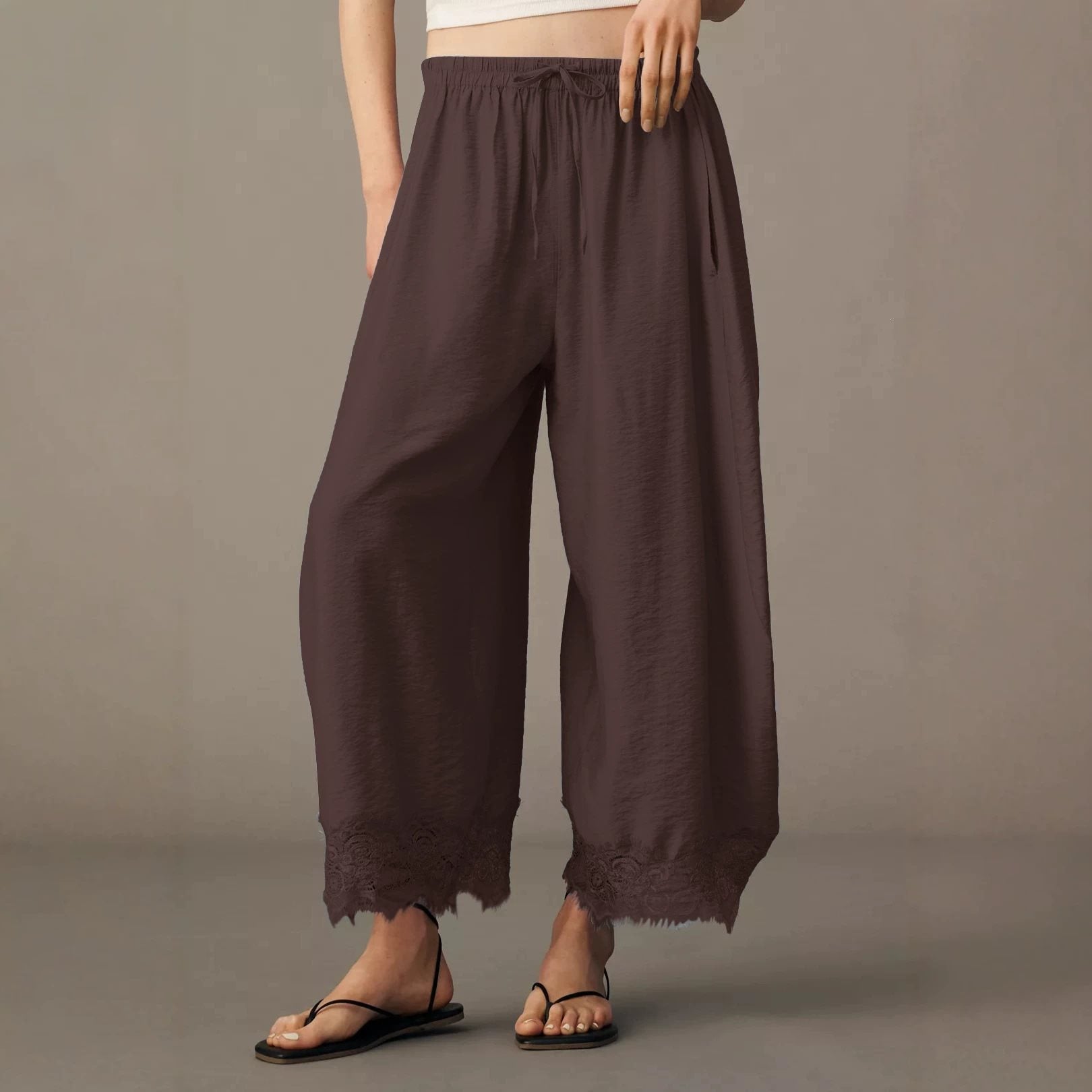 Women Wide Palazzo Pants with Elastic Drawstring Waistband and Lace Trim Chichicherry