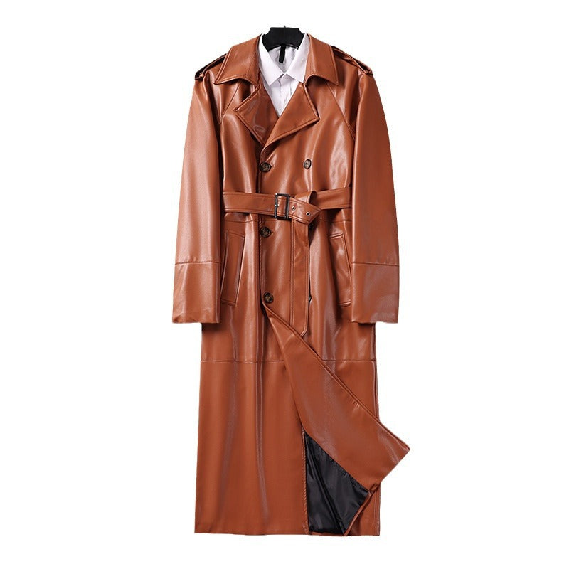 Men's Long Faux Leather Trench Coat with Double Breasted, Belted Waist and Epaulettes Chichicherry