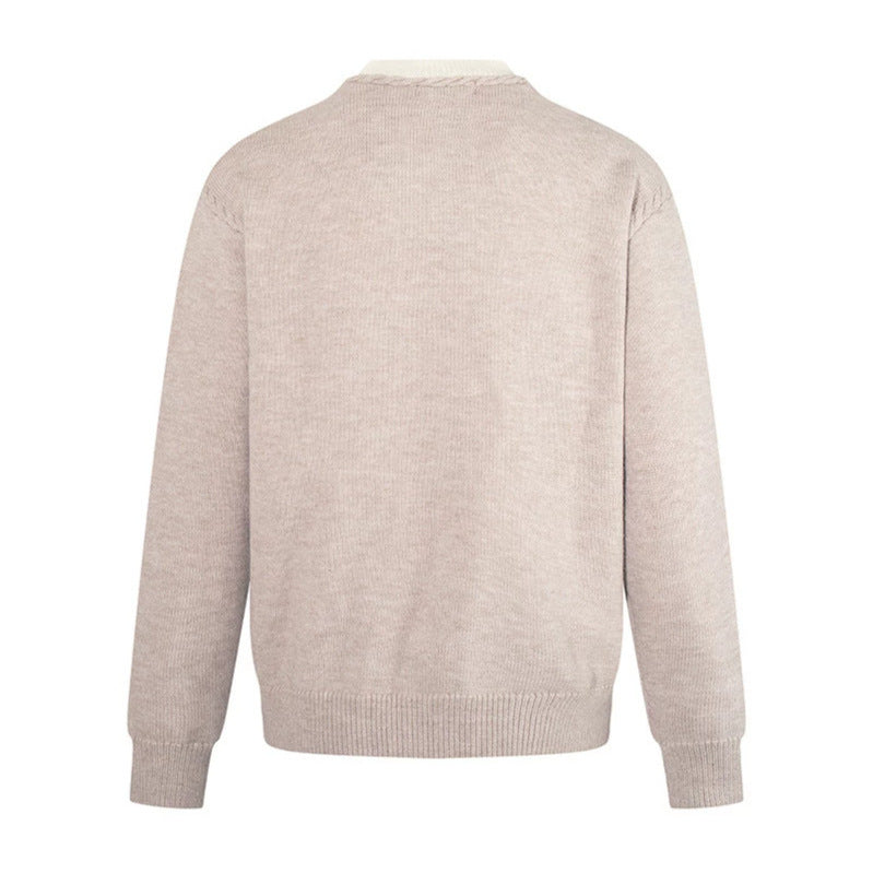 Men's Fine V-Neck Sweater with Layered Look and Stand-Up Collar Inner Part Chichicherry