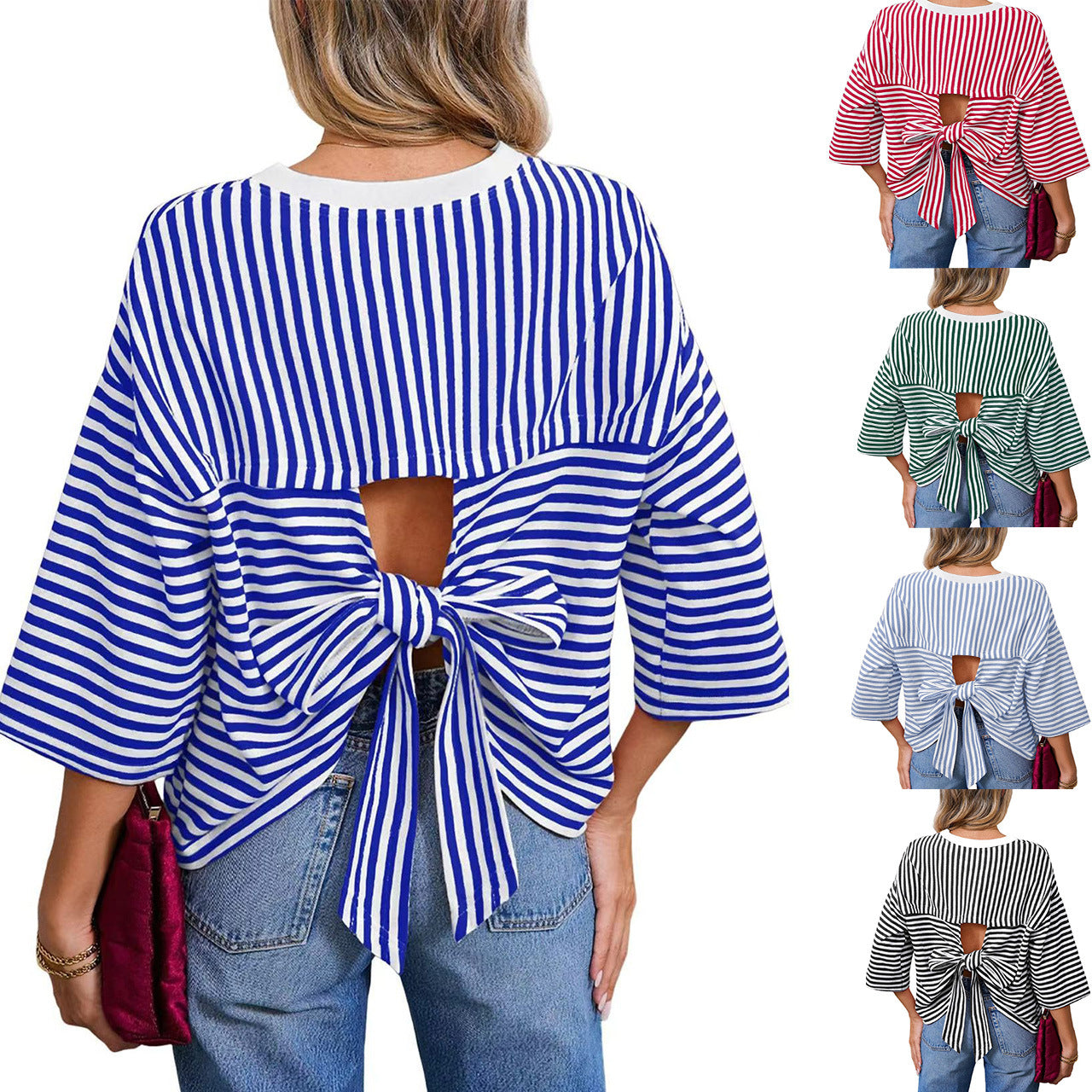 Women's Striped Oversize Shirt with Back Cutout and Bow Tie Chichicherry