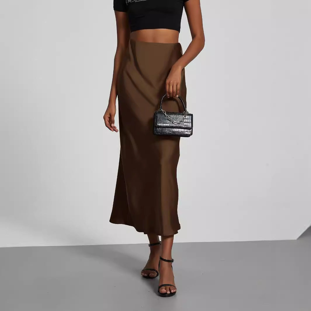 Ladies Satin Midi Skirt with High Waist and Asymmetrical Cut Chichicherry