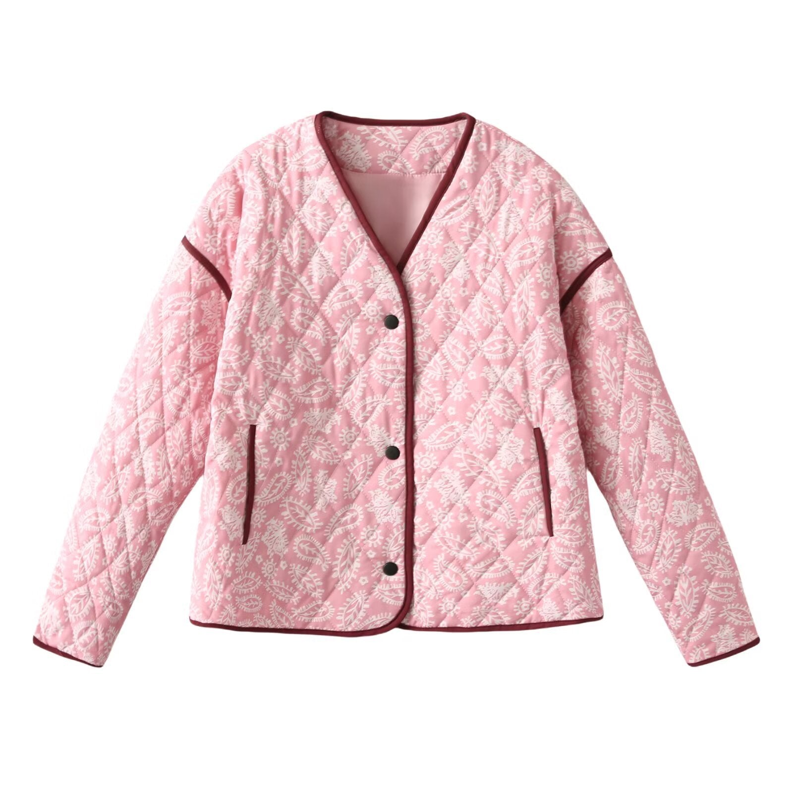 Women's quilted jacket with paisley pattern, V-neck and contrasting piping Chichicherry