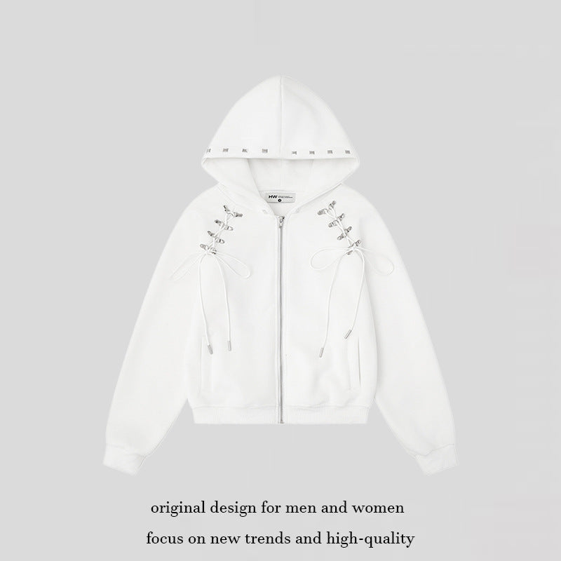 Women's hooded sweat jacket with lacing, metal eyelets, and long zipper Chichicherry