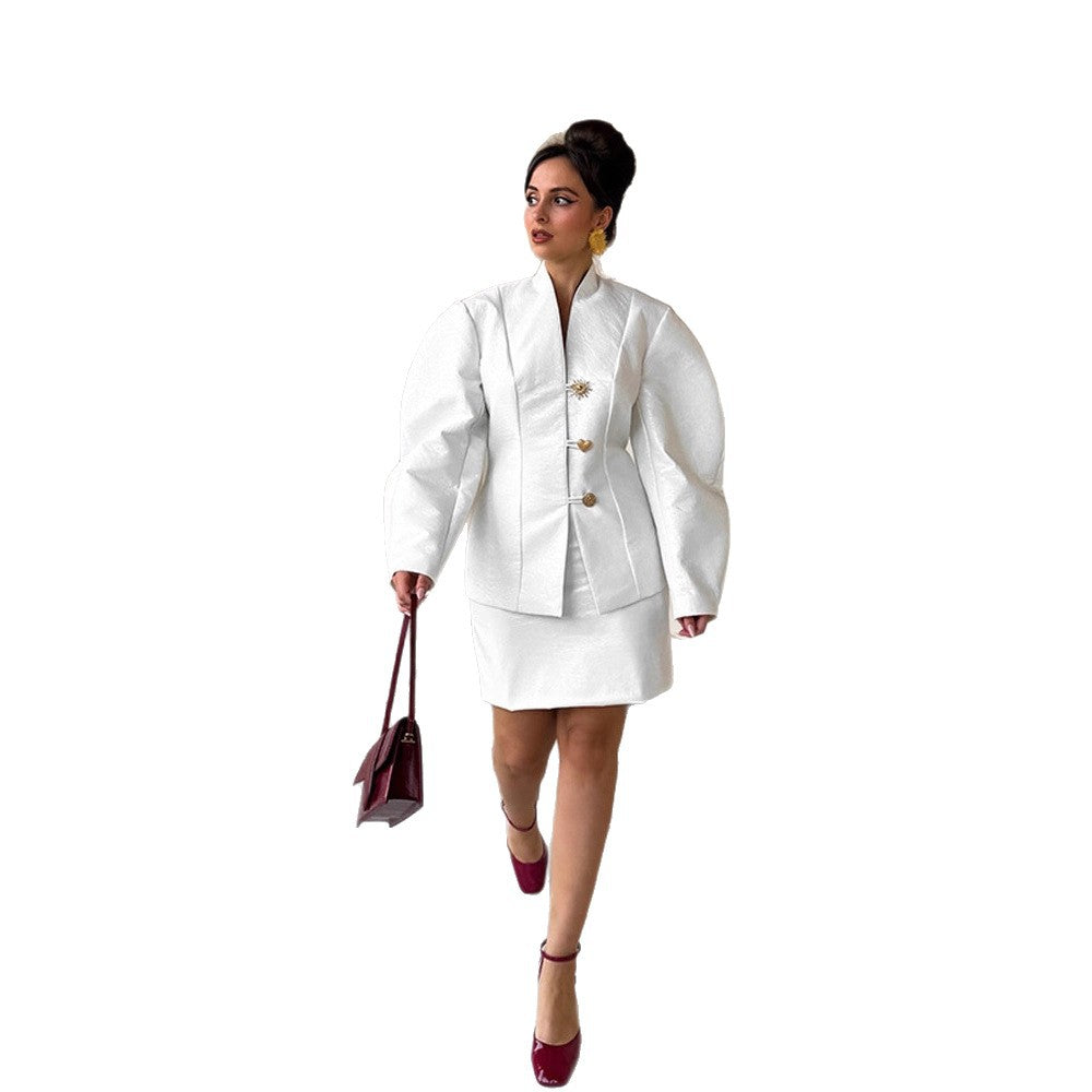 Women's Tailored Blazer Suit with Sculptural Balloon Sleeves and Mini Skirt Chichicherry