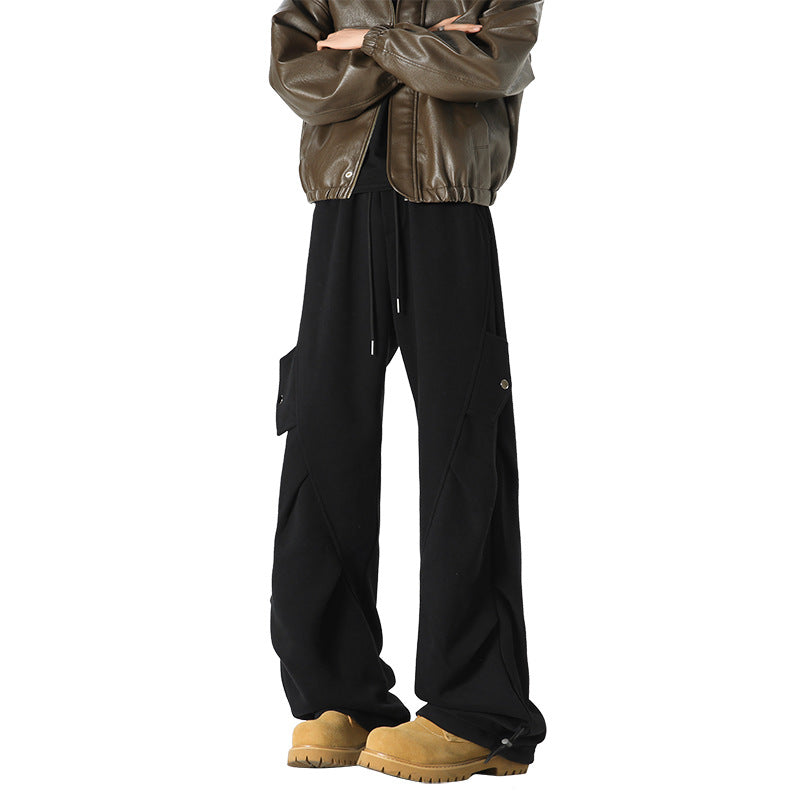 Men's Casual Cargo Fleece Pants with Wide Leg, Drawstring Waistband and Patch Flap Pockets Chichicherry
