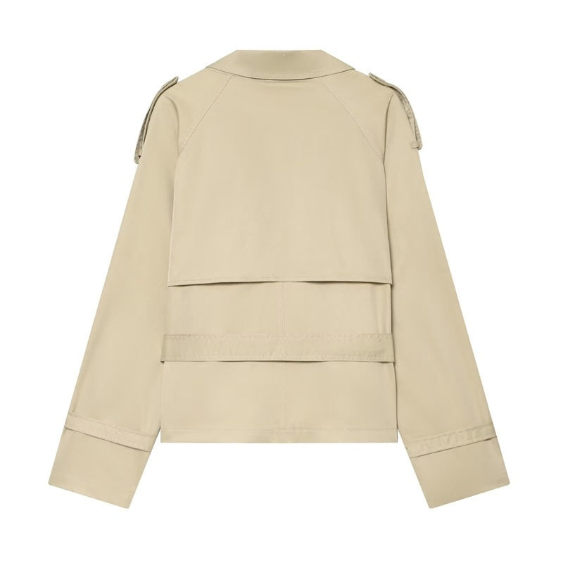 Women Short Boxy Trench with Double Breasted, Waist Belt and Shoulder Tabs Chichicherry