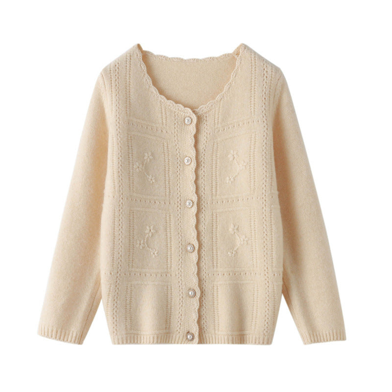 Ladies Embellished Knit Cardigan with Pearl Buttons and Openwork Embroidery Chichicherry