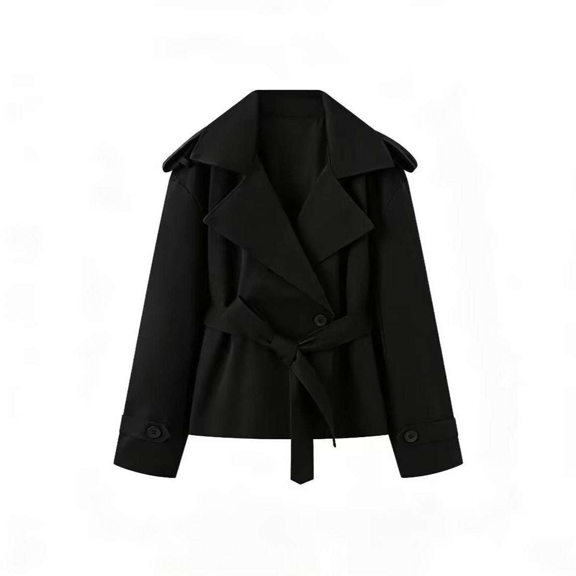Women's Short Cut Trench Coat with Waist Belt and Wide Lapels Chichicherry