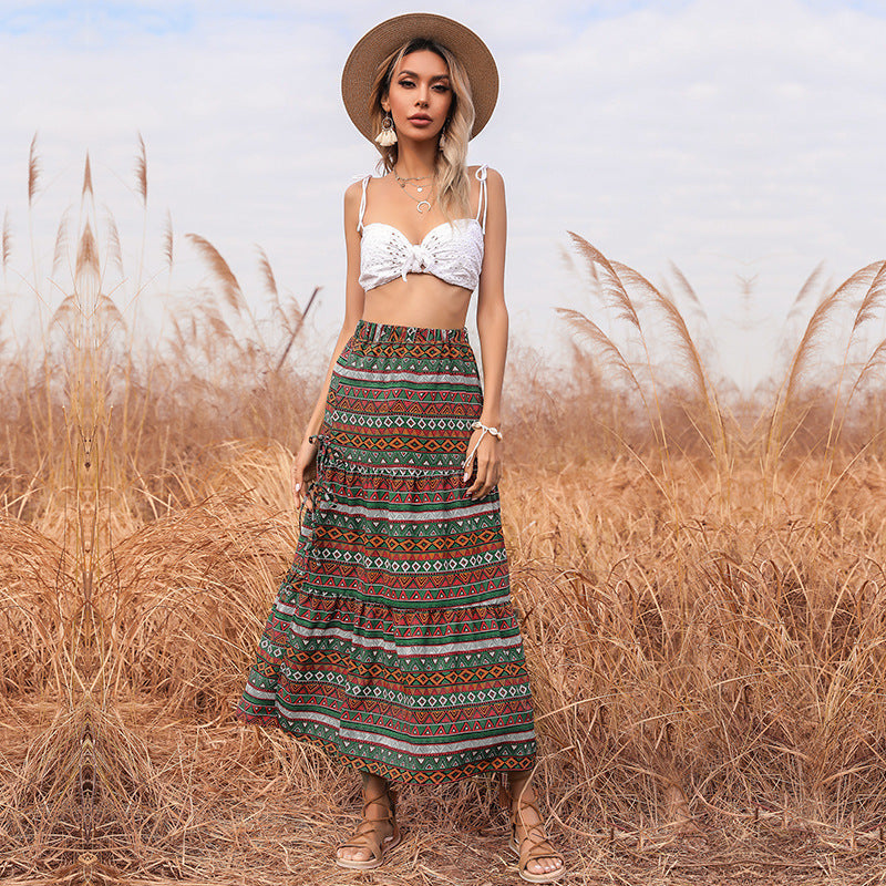 Women's Long Boho Maxi Skirt with Ethnic Print and Side Ties Chichicherry