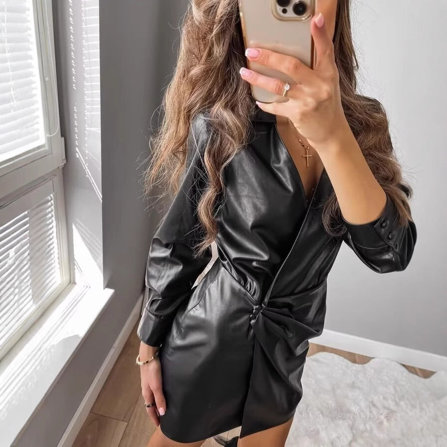 Women's Wrap Faux Leather Mini Dress with Shirt Collar, Gathered Waistline and Cuffs Chichicherry