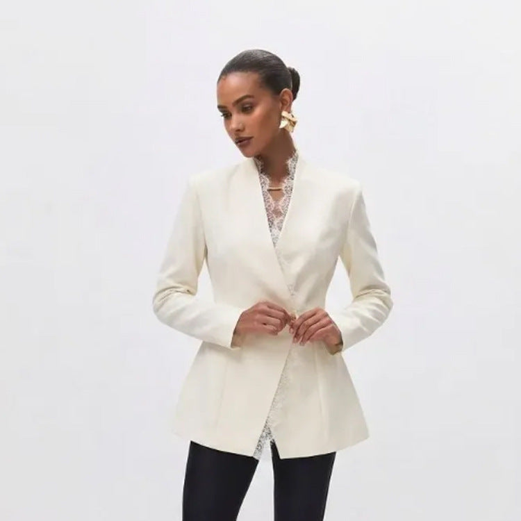 Women's Tailored Blazer with Lace Trim and Decorative Button Chichicherry