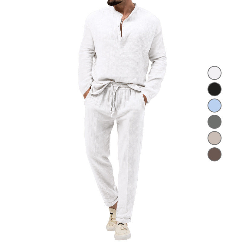 Men's Casual Two-Piece Lounge Set made of Cotton Gauze with Henley Top and Drawstring Pants Chichicherry