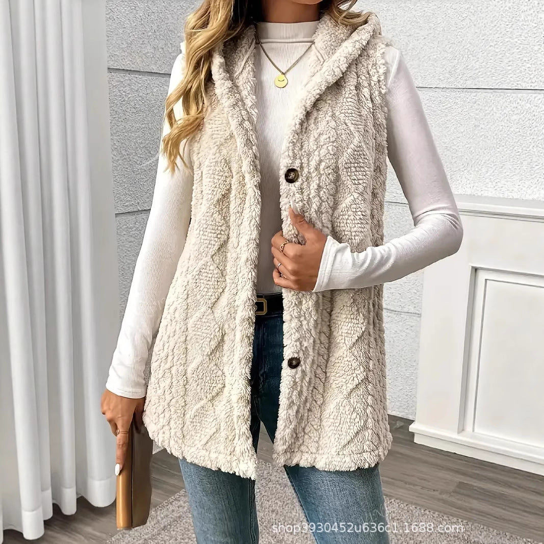 Women Fleece Lined Teddy Vest with Hood and Button Closure Chichicherry