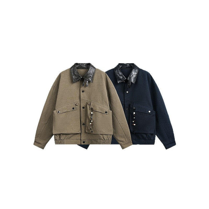 Men's Oversize Harrington Jacket with Faux Leather Collar, Flap Pockets, and Elastic Hem Chichicherry