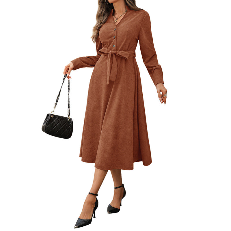 Women's midi dress made of cord with V-neck, button placket, three-quarter sleeves, and tie belt Chichicherry