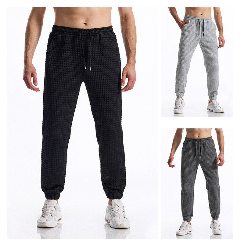 Men's Structured Waffle Jogging Pants with Elastic Waistband and Tapered Leg Chichicherry