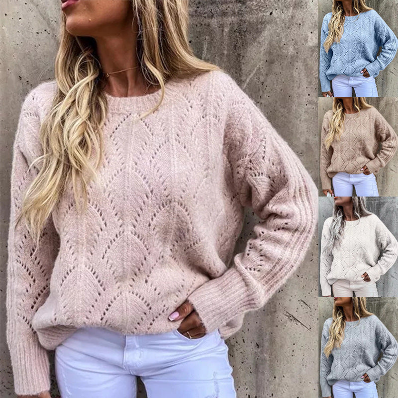 Women Oversize Ajour Knit Sweater with Round Neck Chichicherry