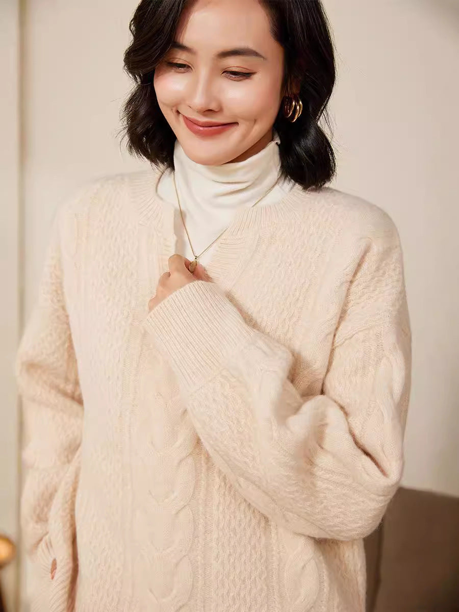 Ladies Oversize Cable Knit Sweater with V-Inset and Cashmere-like Softness Chichicherry