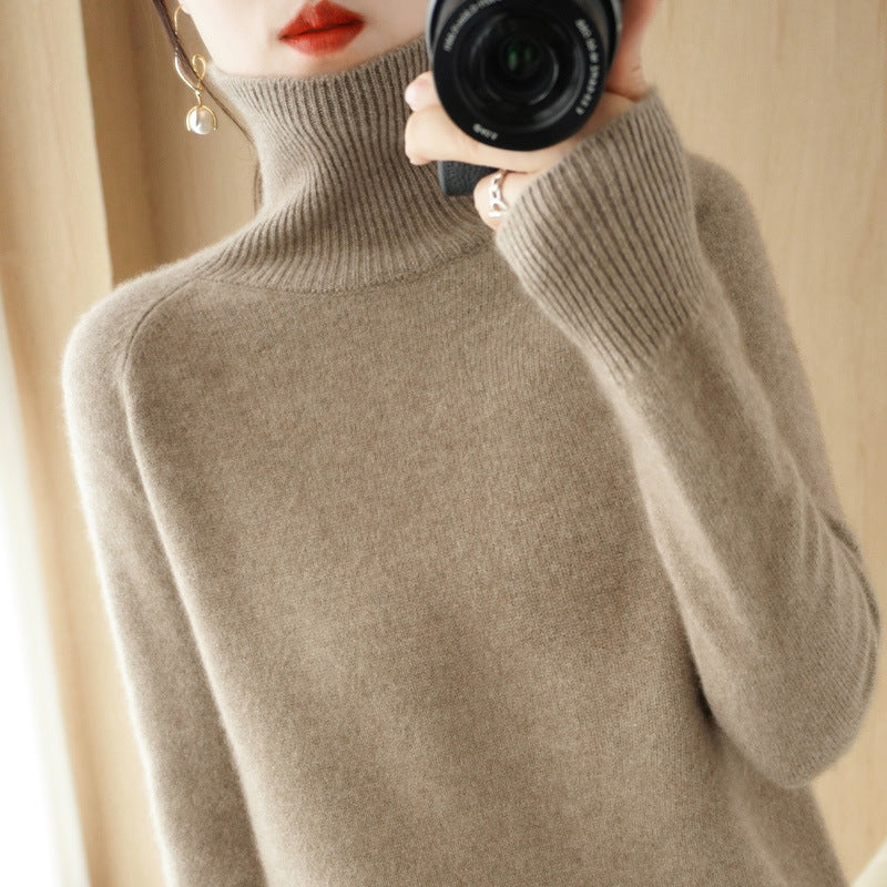 Women's Luxury Fine Knit Turtleneck Sweater with Thumb Hole Cuffs and Feminine Shoulder Yoke Chichicherry
