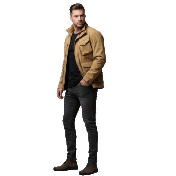 Men's Lightweight Utility Field Jacket with Stand-Up Collar, Multiple Pockets and Breathable Mesh Lining Chichicherry