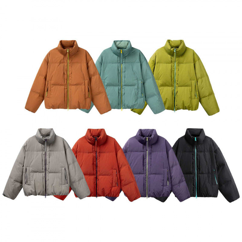 Women Short Oversized Padded Jacket with High Stand-Up Collar and Contrast Zipper Chichicherry