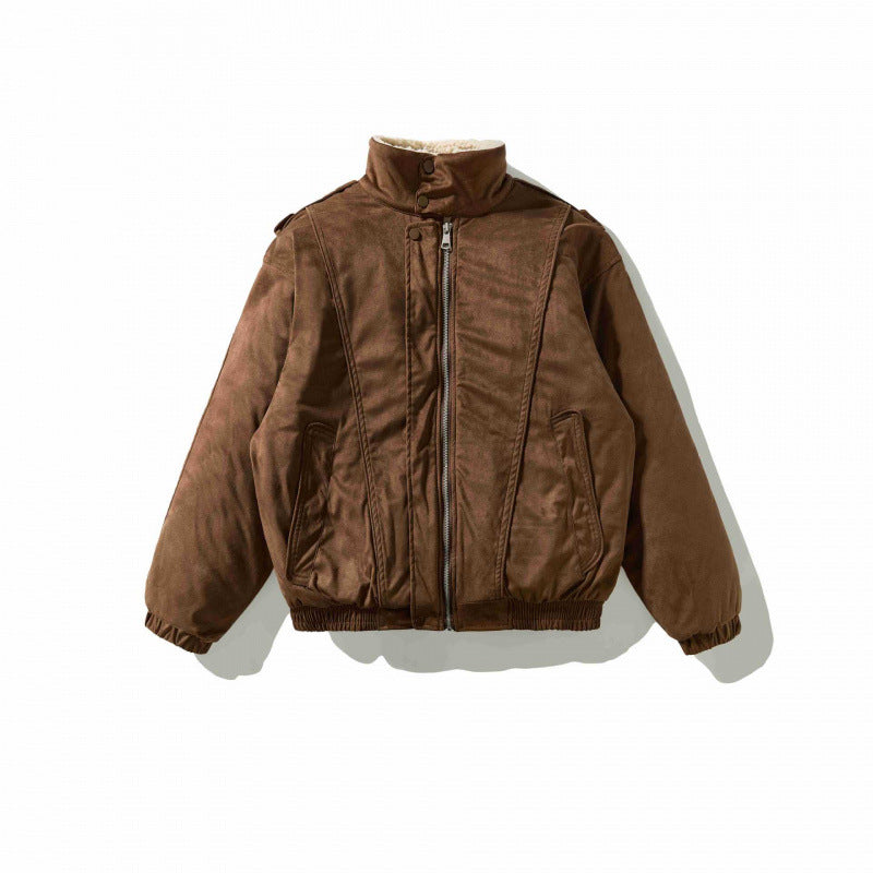 Men's Velvet Leather Look Bomber Jacket with High Stand Collar and Teddy Lining Chichicherry