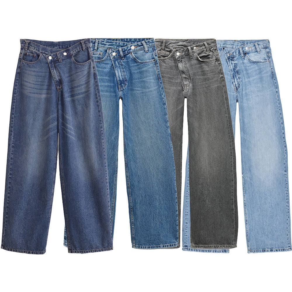 Women's high-waisted wide denim jeans with asymmetric waistband and culotte cut Chichicherry