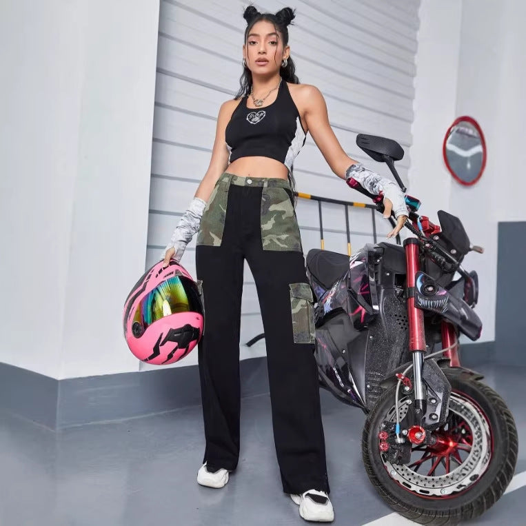Women High-Waist Utility Jeans with Camouflage Panels and Patch Cargo Pockets Chichicherry