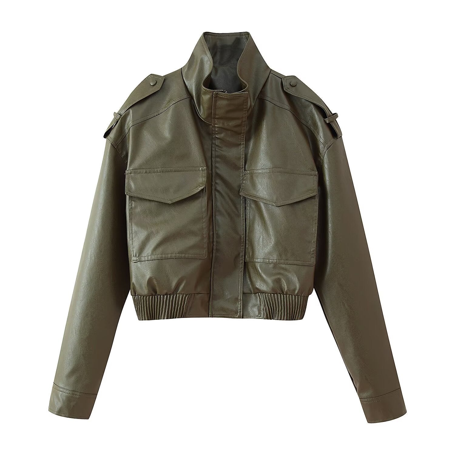 Women's short cut blouson jacket made of vegan leather with shoulder flaps and flap pockets Chichicherry