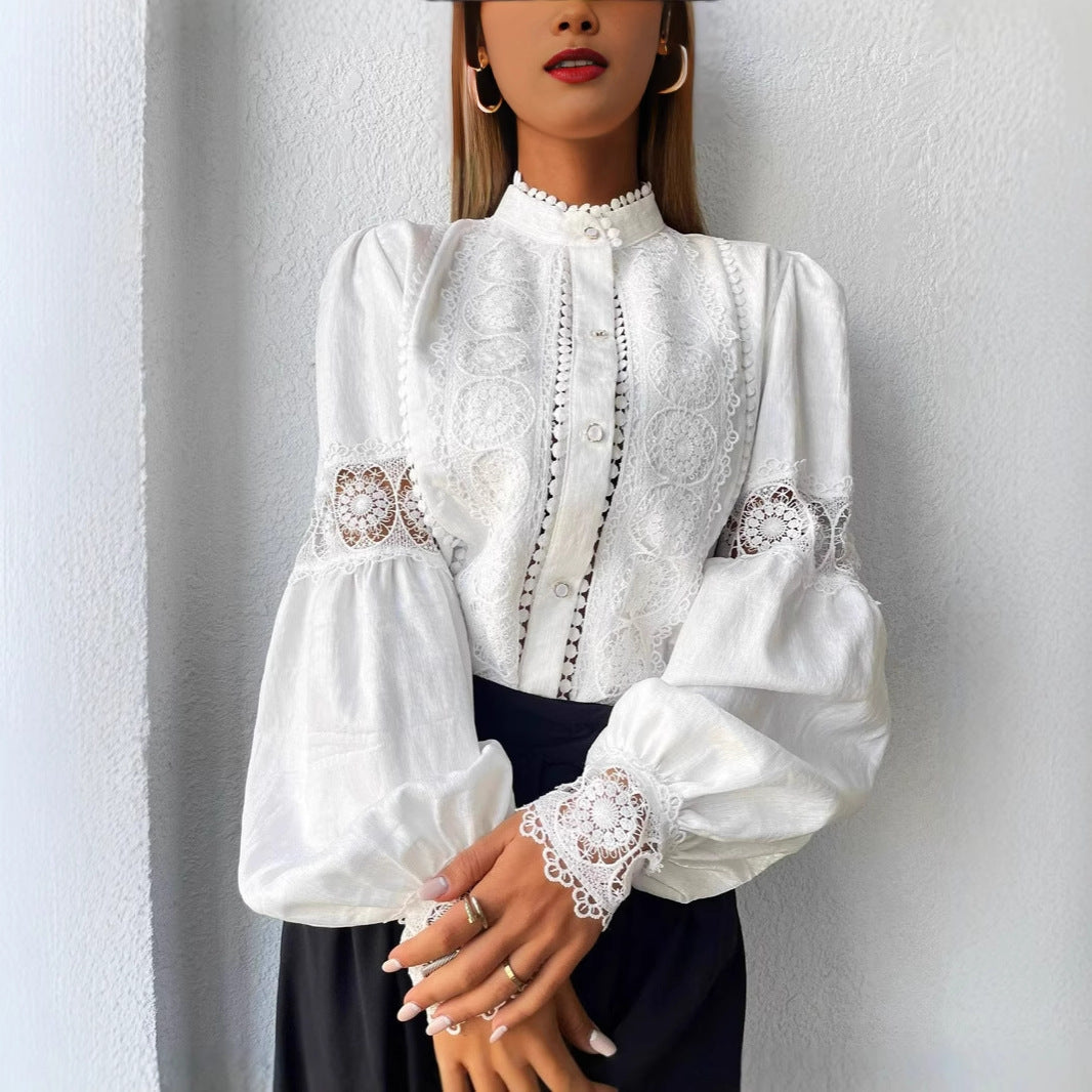 Women's Elegant Lace Blouse in Vintage Style with Stand Collar and Balloon Sleeves Chichicherry